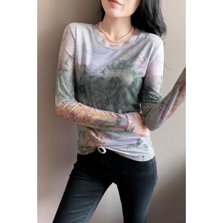 FA37558# 秋新款定位网纱印花圆领长袖t恤女时尚修身打底衫潮 服裝批發女裝批發服飾貨源