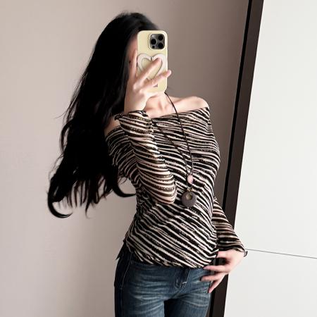 FA37559# 秋新款网纱条纹印花打底衫女修身性感荡领长袖T恤女潮 服裝批發女裝批發服飾貨源