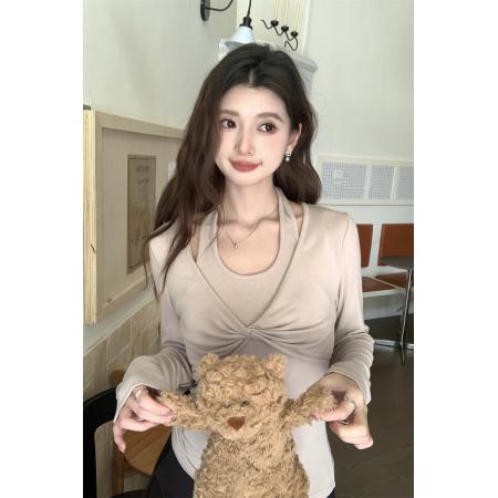 FA37563# 秋季新款假两件设计感扭结V领挂脖修身长袖T恤打底上衣 服裝批發女裝批發服飾貨源