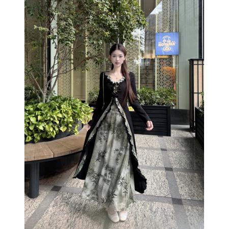 FA37565# 新中式国风假两件连衣裙春秋清冷气质拼接设计感晕染显瘦长裙 服裝批發女裝批發服飾貨源