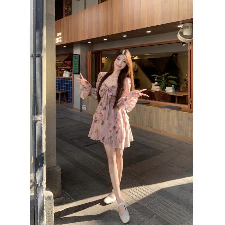 FA37566# 法式碎花长袖连衣裙女高级感春夏新款小个子粉色长袖抹胸短裙 服裝批發女裝批發服飾貨源
