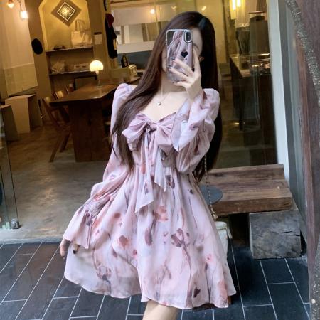 FA37566# 法式碎花长袖连衣裙女高级感春夏新款小个子粉色长袖抹胸短裙 服裝批發女裝批發服飾貨源