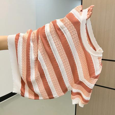 FA37568# 有大图秋冬彩色条纹针织圆领正肩针织T恤上衣 服裝批發女裝批發服飾貨源