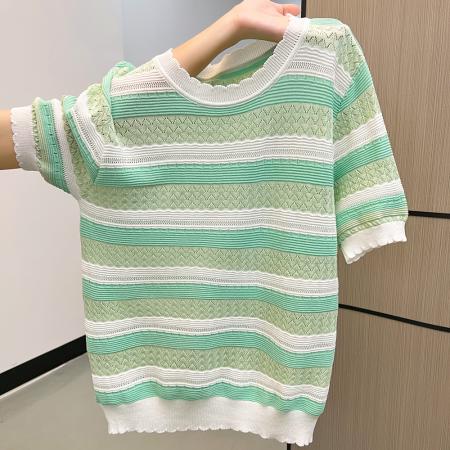 FA37568# 有大图秋冬彩色条纹针织圆领正肩针织T恤上衣 服裝批發女裝批發服飾貨源