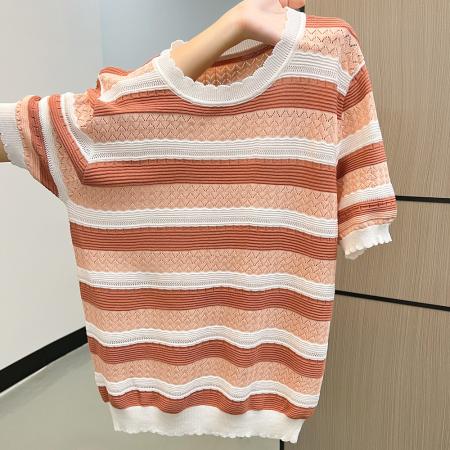 FA37568# 有大图秋冬彩色条纹针织圆领正肩针织T恤上衣 服裝批發女裝批發服飾貨源
