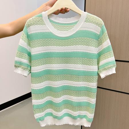 FA37568# 有大图秋冬彩色条纹针织圆领正肩针织T恤上衣 服裝批發女裝批發服飾貨源