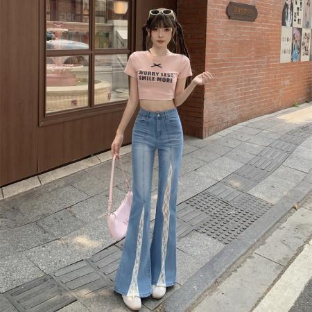 FA37570# 美式复古蕾丝拼接牛仔裤女新款高腰显瘦宽松微喇拖地裤 服裝批發女裝批發服飾貨源