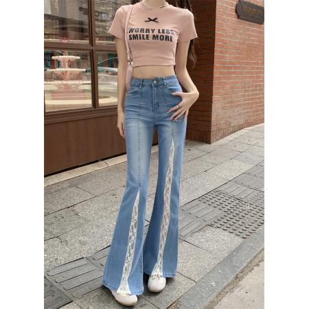 FA37570# 美式复古蕾丝拼接牛仔裤女新款高腰显瘦宽松微喇拖地裤 服裝批發女裝批發服飾貨源