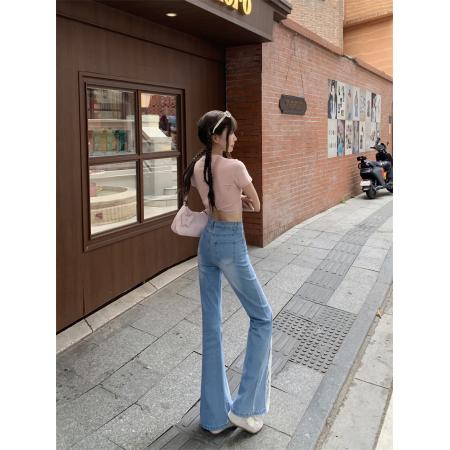 FA37570# 美式复古蕾丝拼接牛仔裤女新款高腰显瘦宽松微喇拖地裤 服裝批發女裝批發服飾貨源