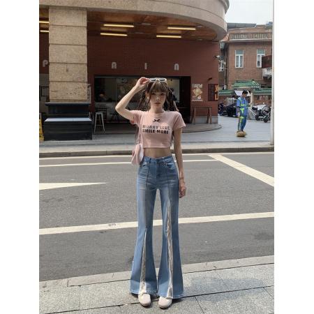 FA37570# 美式复古蕾丝拼接牛仔裤女新款高腰显瘦宽松微喇拖地裤 服裝批發女裝批發服飾貨源