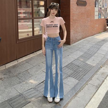 FA37570# 美式复古蕾丝拼接牛仔裤女新款高腰显瘦宽松微喇拖地裤 服裝批發女裝批發服飾貨源