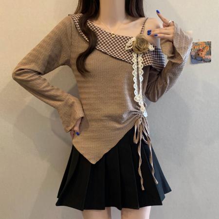 FA37571# 法式立体花朵斜肩收腰T桖女秋季大码胖MM显瘦遮肉不规则露肩上衣 服裝批發女裝批發服飾貨源