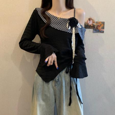 FA37571# 法式立体花朵斜肩收腰T桖女秋季大码胖MM显瘦遮肉不规则露肩上衣 服裝批發女裝批發服飾貨源