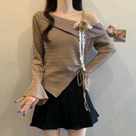 FA37571# 法式立体花朵斜肩收腰T桖女秋季大码胖MM显瘦遮肉不规则露肩上衣 服裝批發女裝批發服飾貨源