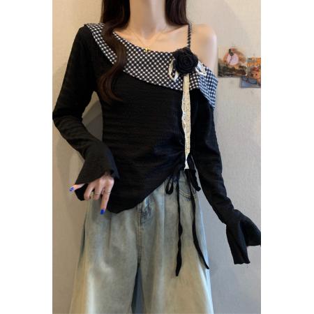 FA37571# 法式立体花朵斜肩收腰T桖女秋季大码胖MM显瘦遮肉不规则露肩上衣 服裝批發女裝批發服飾貨源