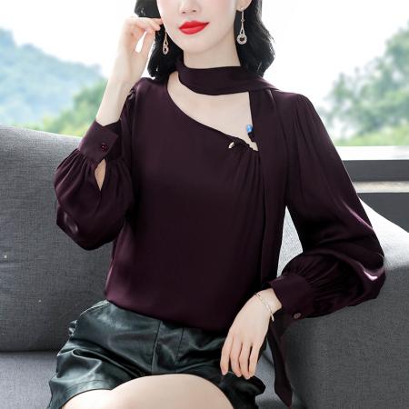 FA37574# 新款上衣女秋新款设计感飘带法式T恤高级轻奢气质桑蚕丝小衫 服裝批發女裝批發服飾貨源