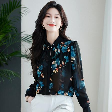 FA37576# 新中式立领雪纺衬衫女长袖国风衬衣春季新款盘扣小衫桑蚕丝上衣夏 服裝批發女裝批發服飾貨源