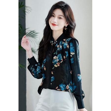 FA37576# 新中式立领雪纺衬衫女长袖国风衬衣春季新款盘扣小衫桑蚕丝上衣夏 服裝批發女裝批發服飾貨源