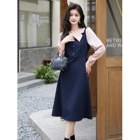 FA37580# 撞色假两件连衣裙女时尚复古高级感气质收腰裙子秋新款 服裝批發女裝批發服飾貨源