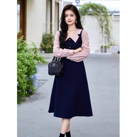 FA37580# 撞色假两件连衣裙女时尚复古高级感气质收腰裙子秋新款 服裝批發女裝批發服飾貨源