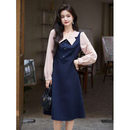 FA37580# 撞色假两件连衣裙女时尚复古高级感气质收腰裙子秋新款 服裝批發女裝批發服飾貨源