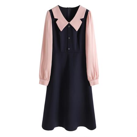 FA37580# 撞色假两件连衣裙女时尚复古高级感气质收腰裙子秋新款 服裝批發女裝批發服飾貨源