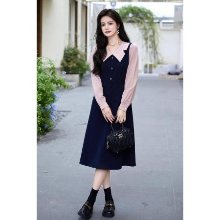 FA37580# 撞色假两件连衣裙女时尚复古高级感气质收腰裙子秋新款 服裝批發女裝批發服飾貨源