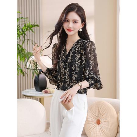 FA37581# 琉璃双绉丝衬衫女士V领百搭修身减龄碎花上衣长袖印染小衫 服裝批發女裝批發服飾貨源