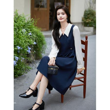 FA37583# 假两件拼接连衣裙女早秋新款通勤气质撞色长袖衬衫裙子 服裝批發女裝批發服飾貨源