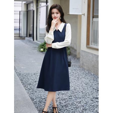FA37583# 假两件拼接连衣裙女早秋新款通勤气质撞色长袖衬衫裙子 服裝批發女裝批發服飾貨源
