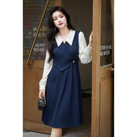FA37583# 假两件拼接连衣裙女早秋新款通勤气质撞色长袖衬衫裙子 服裝批發女裝批發服飾貨源