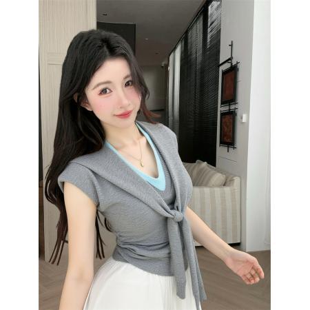 FA37588# 撞色V领假两件+披肩短袖针织衫+花苞半身裙三件套装女 服裝批發女裝批發服飾貨源