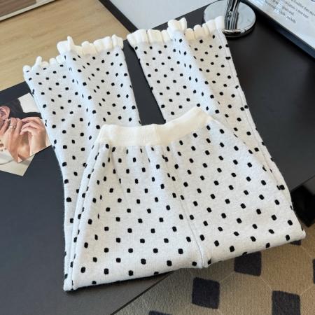 FA37589# 波点针织微喇裤女秋冬新款高腰显瘦木耳边阔腿喇叭裤 服裝批發女裝批發服飾貨源