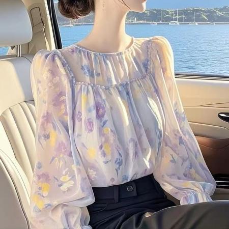 FA37590# 秋季新款紫色碎花衬衫女设计感法式小众长袖衬衣 服裝批發女裝批發服飾貨源