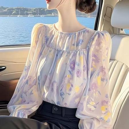 FA37590# 秋季新款紫色碎花衬衫女设计感法式小众长袖衬衣 服裝批發女裝批發服飾貨源