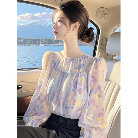 FA37590# 秋季新款紫色碎花衬衫女设计感法式小众长袖衬衣 服裝批發女裝批發服飾貨源