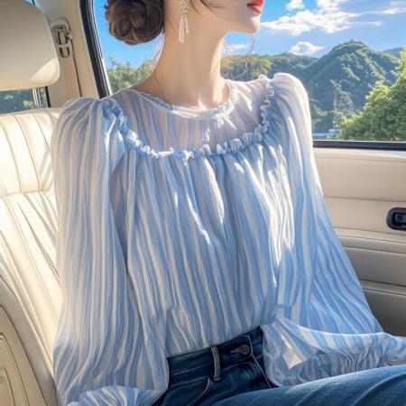 FA37591# 秋季新款衬衣女减龄洋气超好看小众蓝色竖条纹上衣 服裝批發女裝批發服飾貨源