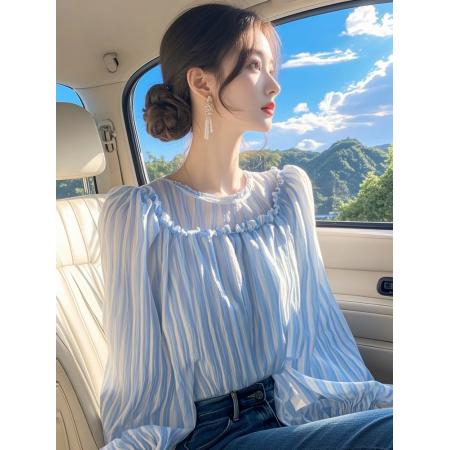 FA37591# 秋季新款衬衣女减龄洋气超好看小众蓝色竖条纹上衣 服裝批發女裝批發服飾貨源