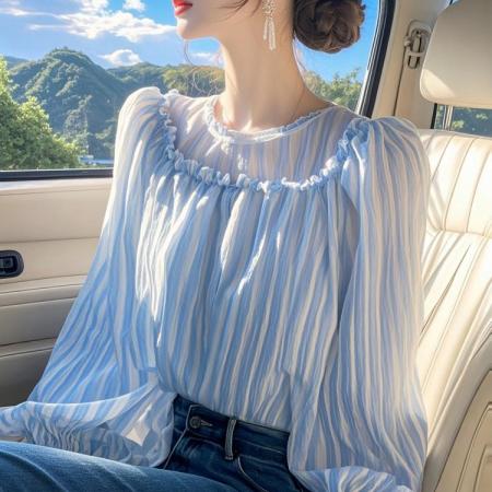 FA37591# 秋季新款衬衣女减龄洋气超好看小众蓝色竖条纹上衣 服裝批發女裝批發服飾貨源