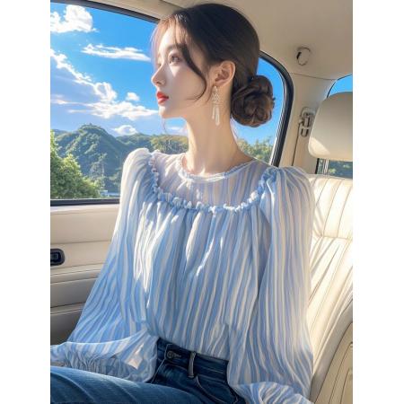FA37591# 秋季新款衬衣女减龄洋气超好看小众蓝色竖条纹上衣 服裝批發女裝批發服飾貨源