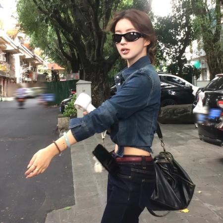 FA37592# 美式辣妹收腰牛仔衬衫女古早气质外套修身长袖显瘦上衣深蓝微喇裤 服裝批發女裝批發服飾貨源