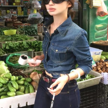FA37592# 美式辣妹收腰牛仔衬衫女古早气质外套修身长袖显瘦上衣深蓝微喇裤 服裝批發女裝批發服飾貨源