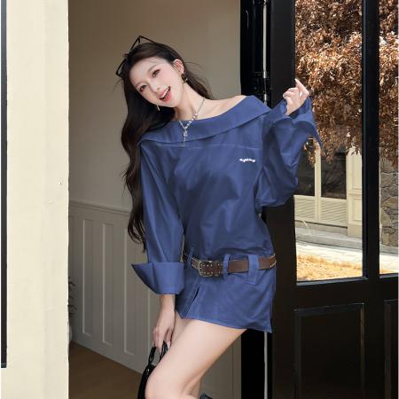 FA37594# 白色长袖衬衫女秋季新款设计感时尚气质宽松慵懒斜肩上衣 服裝批發女裝批發服飾貨源
