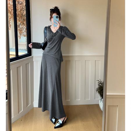 FA37596# 秋季新款气质木耳花边V领皱褶上高腰垂感半身裙两件套女 服裝批發女裝批發服飾貨源