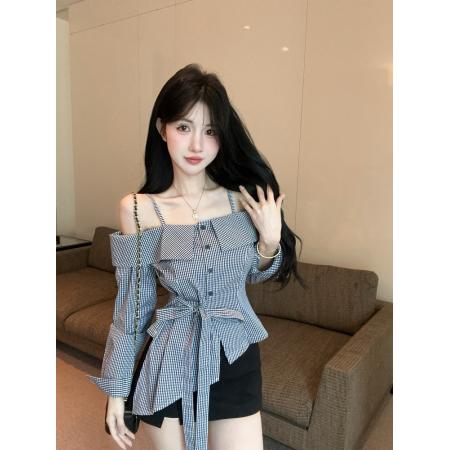 FA37597# 不规则格子衬衫女设计感小众秋季法式精致一字肩上衣收腰衬衣 服裝批發女裝批發服飾貨源