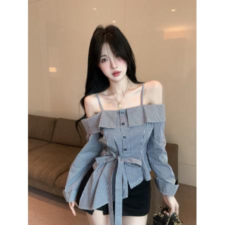 FA37597# 不规则格子衬衫女设计感小众秋季法式精致一字肩上衣收腰衬衣 服裝批發女裝批發服飾貨源