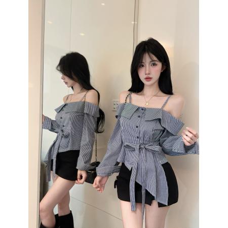 FA37597# 不规则格子衬衫女设计感小众秋季法式精致一字肩上衣收腰衬衣 服裝批發女裝批發服飾貨源