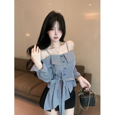 FA37597# 不规则格子衬衫女设计感小众秋季法式精致一字肩上衣收腰衬衣 服裝批發女裝批發服飾貨源
