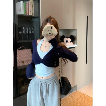 FA37599# 美式复古设计感假两件长袖T恤女秋季新款辣妹修身上衣 服裝批發女裝批發服飾貨源