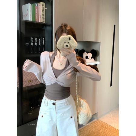FA37599# 美式复古设计感假两件长袖T恤女秋季新款辣妹修身上衣 服裝批發女裝批發服飾貨源